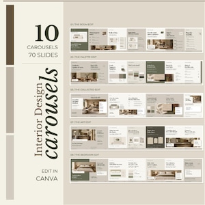 Può includere: Un set di modelli digitali contenente 10 caroselli di interior design con 70 diapositive totali, modificabili in Canva. Il layout utilizza una palette di colori neutri beige e marrone con testo scuro, mostrando vari temi di design.