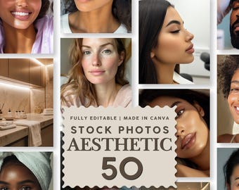 May include: A digital collage of diverse portraits and interior spaces featuring the text FULLY EDITABLE | MADE IN CANVA STOCK PHOTOS AESTHETIC 50. The collection includes close-up shots of faces, skin textures, and modern bathroom settings.