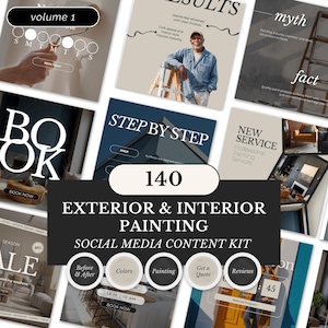 May include: A social media content kit for exterior and interior painting services. The image features various design elements, including text that reads "Exterior & Interior Painting" and "Social Media Content Kit". There are also images of a painter and a home interior.