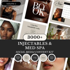 Puede incluir: Un kit de contenido para redes sociales para inyectables y servicios de spa médico. La imagen presenta múltiples gráficos promocionales con texto como "Reservar ahora", "Renovación de la piel" y "3000+". La paleta de colores es neutra.