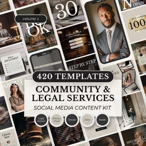 Peut inclure: Image promotionnelle pour un kit de contenu de médias sociaux pour les services communautaires et juridiques. L'image présente diverses maquettes de publications sur les réseaux sociaux, notamment des modèles pour les consultations, les annonces et les témoignages de clients. Le kit comprend 420 modèles.