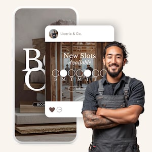 May include: A smartphone screen displays a construction business advertisement with the text "New Slots Available." A smiling man in work overalls stands next to the phone. The advertisement includes a calendar and the company name "Liceria & Co."