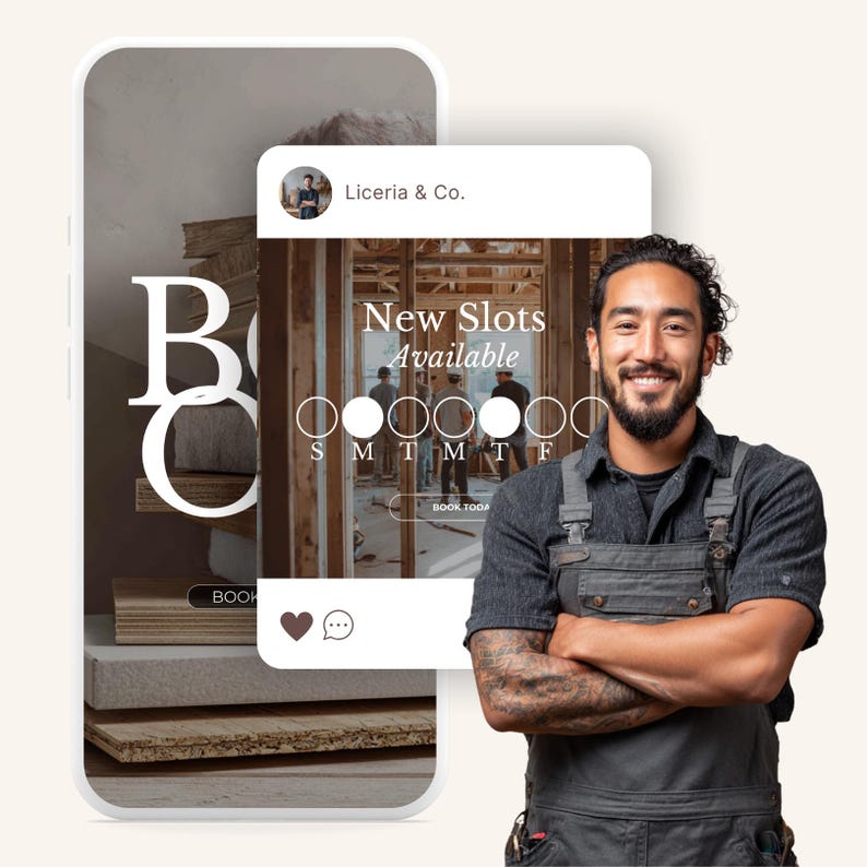 May include: A smartphone screen displays a construction business advertisement with the text "New Slots Available." A smiling man in work overalls stands next to the phone. The advertisement includes a calendar and the company name "Liceria & Co."