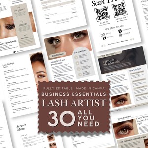 Könnte beinhalten: Eine Sammlung bearbeitbarer Geschäftsvorlagen für Wimpernstylisten, die verschiedene Dokumente wie Servicemenüs, Preislisten und QR-Codes für Zahlungen enthalten. Die Designs zeigen Nahaufnahmen von Augen mit Wimpernverlängerungen.