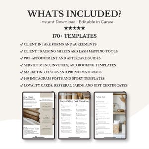 May include: Digital templates for professional organization, including client intake forms, tracking sheets, service menus, marketing flyers, and Instagram posts. The image shows three tablets displaying examples of the templates.