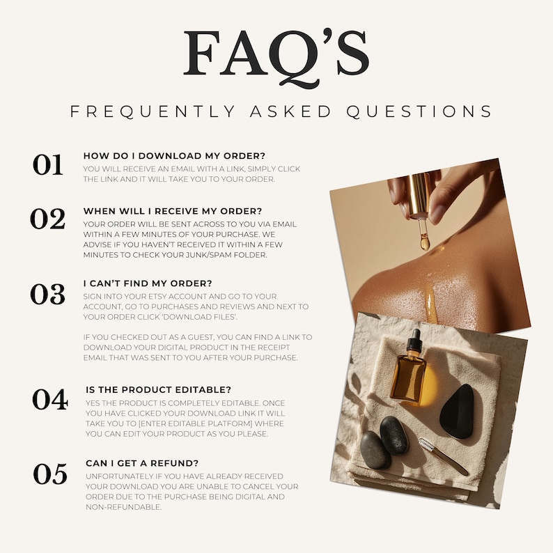 May include: An image with the text "FAQ's" and "FREQUENTLY ASKED QUESTIONS". The image also includes a photo of a person's back being treated with oil, along with a bottle of oil, stones, and a towel. The text provides answers to common questions.
