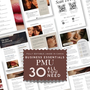 May include: A collection of editable business templates for permanent makeup services, featuring text overlays like Business Essentials PMU 30 All You Need, service menus, payment QR codes, and client forms with imagery of lips, eyes, and faces.