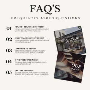 May include: A digital FAQ sheet with the title "FAQ'S" in a decorative font. The sheet answers questions about downloading orders, delivery times, finding orders, editing products, and refunds. Two images are included with the text "SPECIAL 25.06 DAY GUESS WHAT?" and "OUR mission."