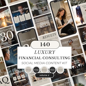 Op de afbeelding: Een verzameling sjablonen voor sociale media voor financieel advies. Het ontwerp bevat verschillende lay-outs met tekstoverlays zoals "Giveaway Time", "Money Matters" en "Results". De centrale afbeelding luidt "140 Luxury Financial Consulting Social Media Content Kit."