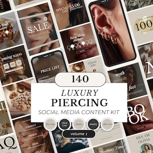 May include: A set of social media templates for luxury piercing businesses. The image displays multiple layouts with text, such as "SALE," "Price List," and "140 Luxury Piercing." The colour scheme is neutral with gold highlights.