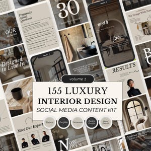 Puede incluir: Un kit de contenido para redes sociales para diseño de interiores de lujo, con una colección de plantillas. El diseño incluye el texto "155 LUXURY INTERIOR DESIGN SOCIAL MEDIA CONTENT KIT" y varios elementos de diseño, incluyendo las palabras "Projects".