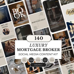 Op de afbeelding: Een promotieafbeelding voor een social media content kit voor luxe hypotheekmakelaars. De afbeelding toont verschillende mockups van social media posts, waaronder sjablonen voor leningopties, hypotheekhulp en huisverkopen. De kit bevat 140 sjablonen.