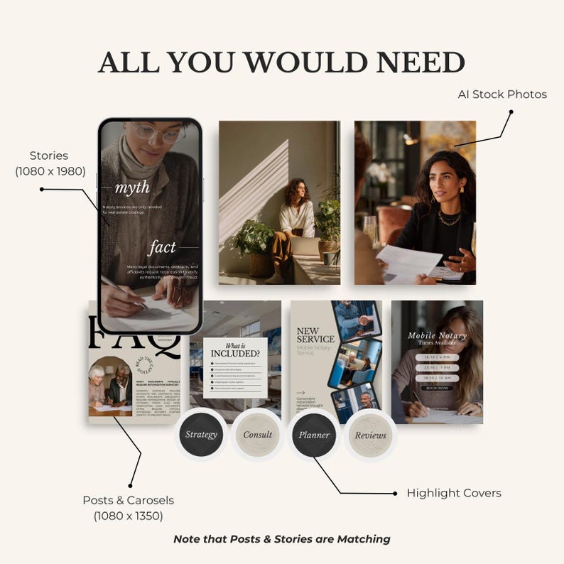 May include: A promotional graphic with the text "ALL YOU WOULD NEED" and various visual elements. It includes images labeled "AI Stock Photos," "Stories," "Posts & Carosels," and "Highlight Covers." The text "myth" and "fact" are also visible.