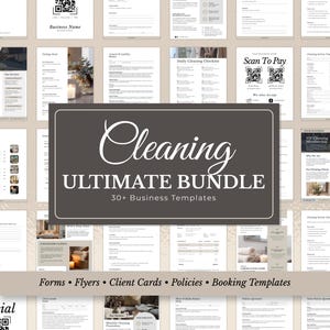 Puede incluir: Una colección de plantillas comerciales para servicios de limpieza. La imagen central presenta un rectángulo gris oscuro con las palabras "Cleaning ULTIMATE BUNDLE" y "30+ Business Templates" en blanco. La parte inferior de la imagen dice "Forms • Flyers • Client Cards • Policies • Booking Templates."