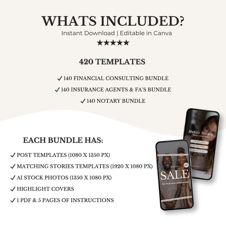 May include: A digital product advertisement with the text "WHATS INCLUDED?" and "420 TEMPLATES". The image lists templates for financial consulting, insurance agents, and notary bundles. Two smartphones display social media templates with the word "SALE".
