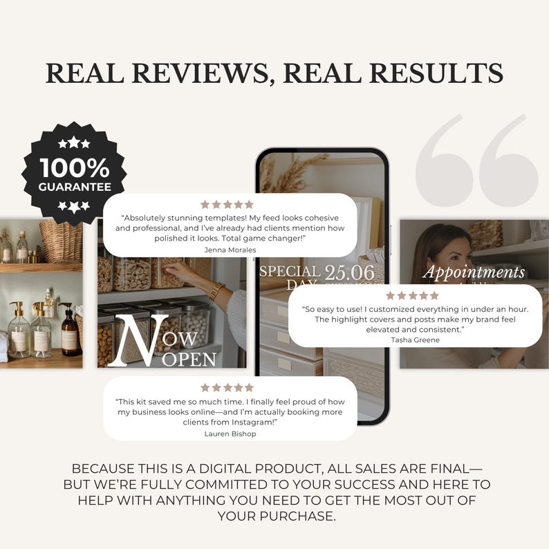 May include: An advertisement with the text "REAL REVIEWS, REAL RESULTS" and customer testimonials. The image includes a phone displaying a digital product, a "100% GUARANTEE" badge, and the words "NOW OPEN" in large letters.