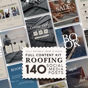 Può includere: Un kit di contenuti digitali per post sui social media relativi alla copertura dei tetti con 140 modelli modificabili. La grafica centrale mostra il testo FULLY EDITABLE | MADE IN CANVA FULL CONTENT KIT ROOFING 140 SOCIAL MEDIA POSTS circondato da immagini.