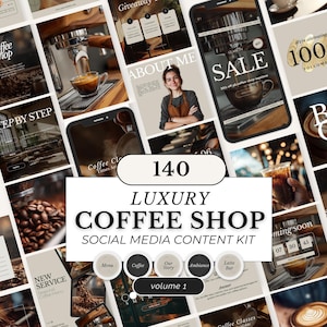 Puede incluir: Un conjunto de plantillas de redes sociales para una cafetería de lujo. El diseño presenta imágenes relacionadas con el café, incluyendo granos de café, máquinas de espresso y arte latte. El texto incluye "140 Luxury Coffee Shop Social Media Content Kit" y "volume 1".