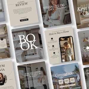 May include: A collection of social media templates for real estate featuring beige backgrounds, white text, and photography of home interiors and a professional. Text includes Client Review, Special Day, How to Buy a Home, and Book Now.