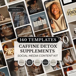 Può includere: Una raccolta di 140 modelli di social media per integratori di disintossicazione dalla caffeina. Il design presenta vari layout con immagini, testo e grafica. I modelli includono elementi come "Benessere", "Disintossicazione dalla caffeina" e "Ingredienti".