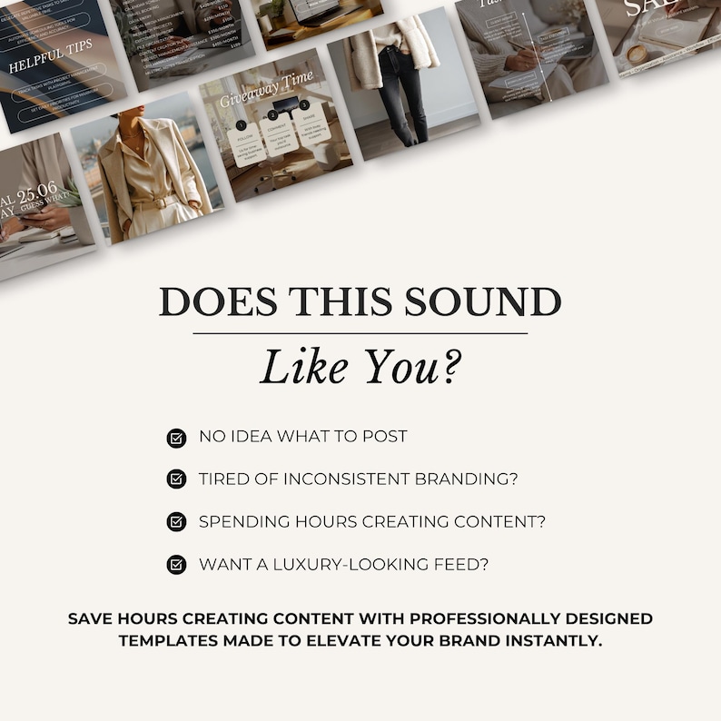 Pode incluir: Um an&uacute;ncio de modelos de marketing digital com uma colagem de imagens de estilo de vida no topo e o texto DOES THIS SOUND Like You? seguido por uma lista de quatro pontos problem&aacute;ticos comuns e uma declara&ccedil;&atilde;o promocional final.