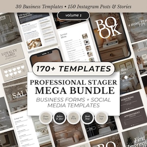 May include: A collection of business templates and social media templates. The image includes templates for staging services, loyalty cards, and Instagram posts. Text includes "Professional Stager Mega Bundle" and "170+ Templates".