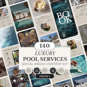 Könnte beinhalten: Eine Werbegrafik für luxuriöse Pool-Services mit einer Sammlung von Social-Media-Content-Vorlagen. Das Design umfasst Bilder von Pools, Text und Icons. Der Text enthält "140 Luxury Pool Services Social Media Content Kit" und "Coming Soon".