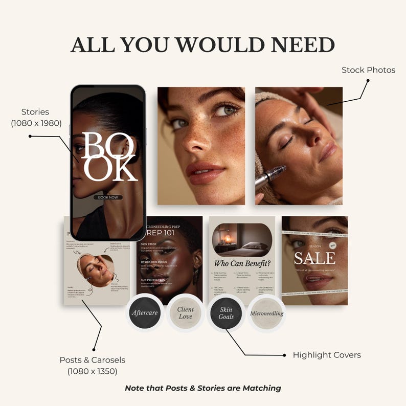 May include: A promotional graphic with the text "ALL YOU WOULD NEED" and various elements, including stock photos, phone mockups with the word "BOOK", and highlight covers. The image is designed for social media marketing.