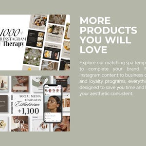 May include: An image promoting spa-related Instagram templates and marketing materials. The image includes a smartphone displaying a beauty treatment, and text that reads "1000+ FOR INSTAGRAM IV THERAPY" and "MORE PRODUCTS YOU WILL LOVE".