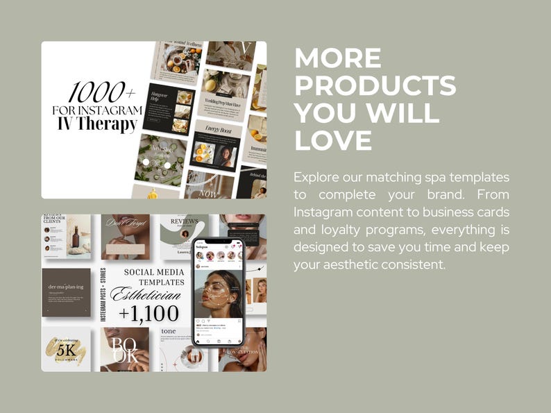 May include: An image promoting spa-related Instagram templates and marketing materials. The image includes a smartphone displaying a beauty treatment, and text that reads "1000+ FOR INSTAGRAM IV THERAPY" and "MORE PRODUCTS YOU WILL LOVE".