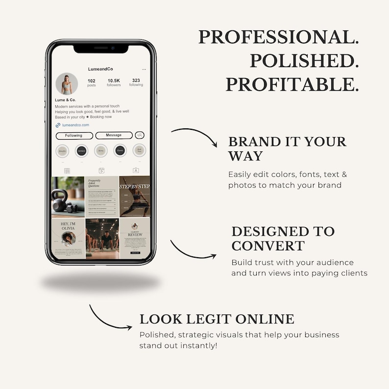 May include: A smartphone screen shows a social media profile with the text "LumeandCo." The image promotes professional, polished, and profitable branding. Text includes "Brand it your way" and "Designed to convert."