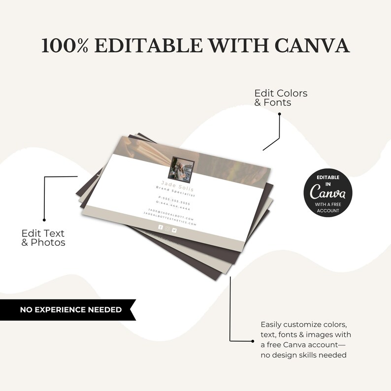 May include: A stack of business cards with a modern design. The cards feature a photo, name, and contact information. Text on the image reads "100% Editable with Canva", "Edit Text & Photos", "Edit Colors & Fonts", and "No Experience Needed".