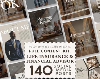 Può includere: Un kit di contenuti digitali per consulenti finanziari e assicurativi con 140 modelli modificabili per post sui social media. La visualizzazione mostra vari layout con immagini professionali, caratteri serif e testi come Book, Planning Results e Appointments.