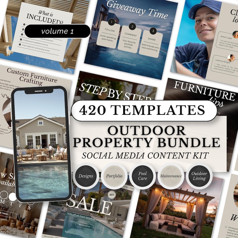 May include: A collection of social media content templates for outdoor property marketing. The image includes various promotional graphics with text such as "420 TEMPLATES", "Outdoor Property Bundle", and "Sale". There are also images of furniture and pools.