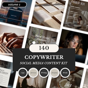 Può includere: Immagine promozionale per un kit di contenuti social media di copywriting. L'immagine presenta un collage di foto, tra cui una persona che digita su un laptop, libri aperti e il testo "140 Copywriter Social Media Content Kit."