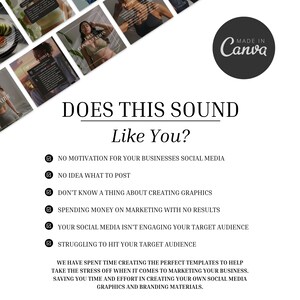May include: A digital marketing template graphic featuring the text DOES THIS SOUND Like You? followed by a checklist of business challenges including no motivation, no post ideas, and difficulty creating graphics or engaging a target audience.