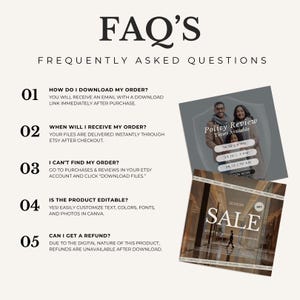 May include: A digital FAQ sheet with the title "FAQ'S" and frequently asked questions. The sheet includes information on downloading orders, delivery times, finding orders, editing products, and refunds. There are also images with the text "Policy Review" and "SALE".