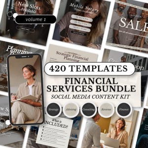May include: A promotional image for a financial services bundle, featuring a collection of social media content templates. The image includes text such as "420 TEMPLATES" and "FINANCIAL SERVICES BUNDLE". Additional elements include a mobile notary service advertisement and a sale announcement.