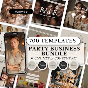 Op de afbeelding: Een promotiecollage voor feest- en evenementendiensten. Het bevat een telefoon met een afbeelding van een vrouw, een "SALE"-advertentie en een afbeelding voor een "Party Business Bundle" met 700 sjablonen. De bundel bevat thema's, feesten, muziek, games en opruimen.