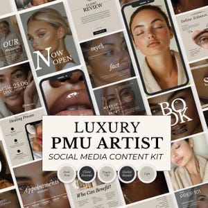 Pode incluir: Um kit de conteúdo de mídia social para um artista PMU de luxo. A imagem apresenta várias maquetes de telas de telefone com texto e imagens relacionadas à maquiagem permanente, incluindo avaliações de clientes e fotos de antes e depois.
