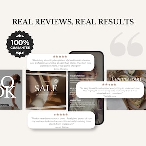 May include: An advertisement featuring the text "REAL REVIEWS, REAL RESULTS" and a "100% GUARANTEE" badge. The image displays a phone with social media templates and customer reviews. The word "SALE" is also visible.