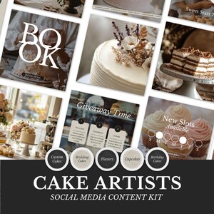 Op de afbeelding: Een social media content kit voor taartkunstenaars. De afbeelding toont verschillende taarten, cupcakes en tekstoverlays, waaronder "BOOK NOW", "Giveaway Time" en "New Slots Available". Ronde knoppen markeren "Custom Cakes", "Wedding Cakes", "Flavors", "Cupcakes" en "Birthday Cakes".