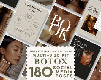 May include: A digital marketing kit for social media featuring 180 editable templates for Botox services. The central graphic displays the text Fully Editable | Made in Canva Multi-Size Kit Botox 180 Social Media Posts, surrounded by various promotional layouts showing facial close-ups, booking information, and informational diagrams about cosmetic treatment procedures.