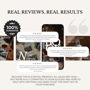 Puede incluir: Un anuncio con el texto &laquo;REAL REVIEWS, REAL RESULTS&raquo; y testimonios de clientes. La imagen incluye un tel&eacute;fono, fotos y una insignia de garant&iacute;a del 100%. El texto en el tel&eacute;fono dice &laquo;NOW OPEN&raquo;.