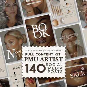 May include: A digital content kit for PMU artists featuring 140 editable social media post templates. The collection includes various layouts with text overlays, beauty photography, and graphic design elements for permanent makeup marketing.