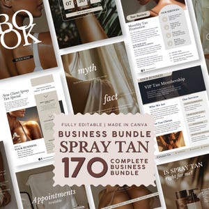 Puede incluir: Un paquete de plantillas de marketing digital para negocios de bronceado en aerosol con 170 diseños editables de Canva. Los gráficos muestran texto promocional, menús de servicios, detalles de membresía e imágenes de piel bronceada.