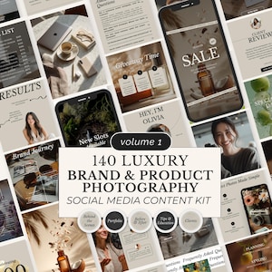Puede incluir: Un collage de plantillas de contenido para redes sociales para fotograf&iacute;a de marcas y productos. El texto central dice "140 Luxury Brand & Product Photography Social Media Content Kit". Se muestran varias maquetas de tel&eacute;fonos, computadoras port&aacute;tiles y materiales impresos.
