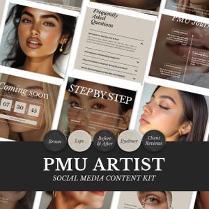 Peut inclure: Image promotionnelle pour un kit de contenu de médias sociaux PMU Artist. L'image présente un collage de photos et de texte, dont « Questions fréquemment posées », « Étape par étape » et « Bientôt disponible ». Le kit comprend du contenu pour les sourcils, les lèvres, l'eye-liner et des photos avant/après.