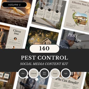 May include: A social media content kit for pest control, featuring various layouts with text and images. The kit includes graphics with the words "Pest Control," "Giveaway Time," and "Client Love." The kit also includes the words "Bug Free" and "Deals."