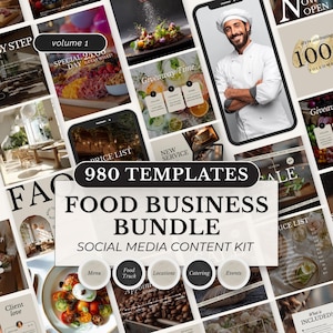 Pode incluir: Uma coleção digital de 980 modelos de redes sociais para empresas de alimentação, apresentando uma colagem de vários layouts, incluindo um chef, fotografia de alimentos, listas de preços e textos Menu, Food Truck, Locations, Catering e Events.
